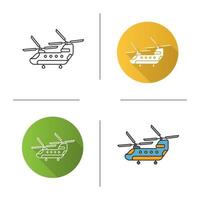 Military helicopter icon. Flat design, linear and color styles. Isolated vector illustrations