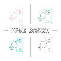 Hand holding wrench hand drawn icons set. Double open ended spanner turning bolt. Color brush stroke. Isolated vector sketchy illustrations