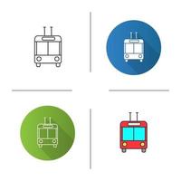 Trolleybus in front view icon. Trolley coach. Trackless trolley. Flat design, linear and color styles. Isolated vector illustrations