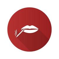 Cigarette in mouth flat design long shadow glyph icon. Smoking negative concept. Vector silhouette illustration