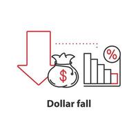 icono de concepto de caída de dólar. ilustración de línea delgada de idea de disminución de ganancias. crisis financiera. dibujo de contorno aislado vectorial vector