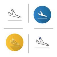 icono de llegada del avión. aterrizaje de avión. Diseño plano, estilos lineales y de color. ilustraciones de vectores aislados