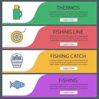 conjunto de plantillas de banner web de pesca. cubo con captura, termo, carrete de hilo de pescar, pescado. elementos del menú de color del sitio web. conceptos de diseño de encabezados vectoriales vector