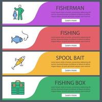 Fishing web banner templates set. Fisherman, lure, fish and hook, tackle box. Website color menu items. Vector headers design concepts