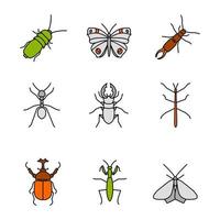 Insects color icons set. Darkling and hercules beetles, butterfly, earwig, stag bug, phasmid, moth, ant, mantis. Isolated vector illustrations