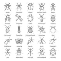 Insects linear icons set. Bugs. Entomologist collection. Thin line contour symbols. Butterfly, earwig, stag bug, phasmid, moth, ant, mantis, spider. Isolated vector outline illustrations