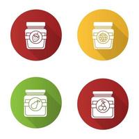 Fruit preserves flat design long shadow glyph icons set. Pear, cherry, raspberry and strawberry jam jars. Vector silhouette illustration