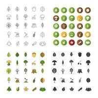 Tree types icons set. Forest, park. Forestry. Linear, flat design, color and glyph styles. isolated vector illustrations