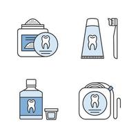 conjunto de iconos de colores de odontología. estomatología. polvo de dientes, hilo dental, enjuague bucal, pasta de dientes y cepillo de dientes. ilustraciones de vectores aislados