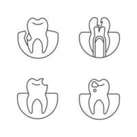 conjunto de iconos lineales de odontología. estomatología. sangrado de encías, dolor de muelas, diente roto, caries. símbolos de contorno de línea delgada. Ilustraciones de vectores aislados