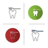 Correct teeth brushing icon. Flat design, linear and color styles. Tooth with toothbrush. Isolated vector illustrations