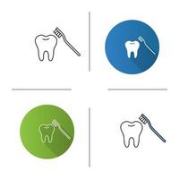 Correct teeth brushing icon. Flat design, linear and color styles. Tooth with toothbrush. Isolated vector illustrations