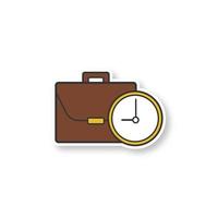 Work time patch. Business briefcase with clock. Color sticker. Vector isolated illustration