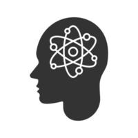 Human head with atom inside glyph icon. Scientific thoughts. Silhouette symbol. Scientist. Negative space. Vector isolated illustration