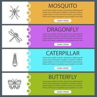 Insects web banner templates set. Dragonfly, mosquito, caterpillar, butterfly. Website menu items. Vector headers design concepts