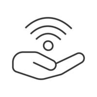 Open hand with wi-fi sign linear icon. Free internet access. Thin line illustration. Wifi connection. Contour symbol. Vector isolated outline drawing