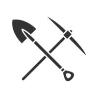 Crossed shovel and pickaxe glyph icon. Silhouette symbol. Pick axe and dig. Negative space. Vector isolated illustration