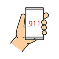 Emergency calling color icon. Hand holding smartphone with 911 number. Isolated vector illustration