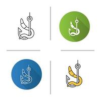 Worm on hook icon. Flat design, linear and color styles. Fishing live bait. Isolated vector illustrations