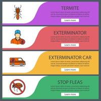 Pest control web banner templates set. Termite, exterminator's car, stop fleas. Website color menu items with linear icons. Vector headers design concepts