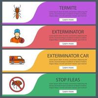 conjunto de plantillas de banner web de control de plagas. termitas, carro de exterminador, stop pulgas. elementos del menú de color del sitio web con iconos lineales. conceptos de diseño de encabezados vectoriales vector