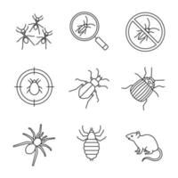 Pest control linear icons set. Cockroach searching, ants, stop roaches, mite target, ground beetle, colorado bug, spider, louse, rodent. Thin line contour symbols. Isolated vector outline illustration