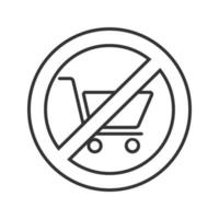 Forbidden sign with shopping trolley linear icon. Thin line illustration. No shopping carts prohibition in supermarket. Stop contour symbol. Vector isolated outline drawing