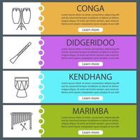 conjunto de plantillas de banner web de instrumentos musicales. conga, didgeridoo, kendhang, marimba. elementos del menú de color del sitio web con iconos lineales. conceptos de diseño de encabezados vectoriales vector