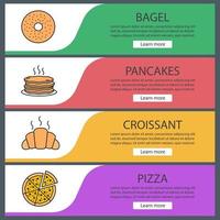 Bakery web banner templates set. Bagel, pancakes, croissant, sliced pizza. Website color menu items. Vector headers design concepts