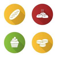 Bakery flat design long shadow glyph icons set. Bread loaf, dinner rolls, cupcake, macarons. Vector silhouette illustration