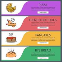 Bakery web banner templates set. Pizza, french hot dogs, pancakes stack, rye bread. Website color menu items. Vector headers design concepts