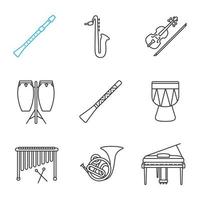 Musical instruments linear icons set. Didgeridoo, saxophone, violin, conga, flute, kendang, marimba, french horn, piano. Thin line contour symbols. Isolated vector outline illustrations