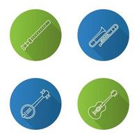 Musical instruments flat linear long shadow icons set. Duduk, guitar, banjo, trombone. Vector outline illustration