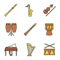 Musical instruments color icons set. Flute, saxophone, violin, conga, didgeridoo, kendang, piano, harp, drum. Isolated vector illustrations