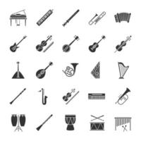 Musical instruments glyph icons set. Orchestra equipment. Stringed, wind, percussion instruments. Silhouette symbols. Vector isolated illustration