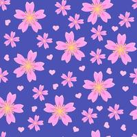 Sakura flower seamless pattern. Japanese cherry print. Romantic spring floral Illustration in flat cartoon style on blue background. vector