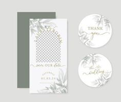 Photo Arch greenery wedding Save the Date Bookmark. Luxury arch wedding invitation card background with green watercolor botanical leaves. For wedding and vip cover template.