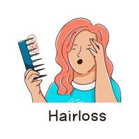 Hair loss concept. Woman holding a comb with hair, alopecia. Long-term of covid-19. Vector hand drawn illustration