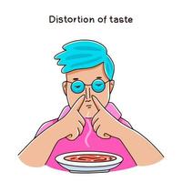 Distortion of tastes and smells. Loss of smell concept. A fashionable man pinches his nose with his hands at the sight of a plate. Vector hand drawn illustration