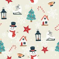 Christmas pattern with snowmans, christmas tree, houses, lanterns. Festive background with hand drawn elements, vector illustration
