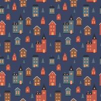 Winter pattern with cute houses, small towm, christmas elements, vector illustration