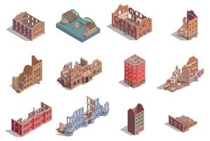 Ruined Destroyed Buildings Isometric Set vector