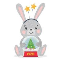 Christmas illustration with a cute rabbit, with a glass Christmas ball, and the inscription 2023. New Year 2023. vector