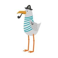 Cartoon seagull pirate captain in a hat, with a smoking pipe and a tattoo in the form of an anchor on the wing. vector