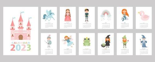 Fairytale Calendar for 2023, with cartoon characters, princess, prince, fairy, pegasus, stargazer, swan, knight, witch, mermaid, gnome, castle. vector