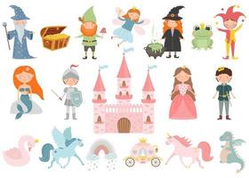 conjunto de personajes de cuento de hadas de dibujos animados. princesa, príncipe, hada, pegaso, observador de estrellas, cisne, caballero, bruja, sirena, gnomo, unicornio, princesa rana, bufón, carruaje, dragón, castillo. vector