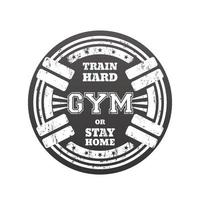 Round gym emblem, logo, badge with barbells over white vector