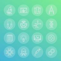 Science and research line icons set, robotics, mechanical engineering, integrated circuit design, laboratory, chemistry, physics, vector