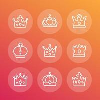 conjunto de iconos de línea de coronas, realeza, rey, monarca, soberano, zar, reina, princesa corona vector