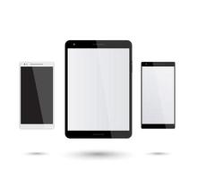 tablet and smartphones vector mockup on white, silver and black smartphone, modern black tablet, vector illustration